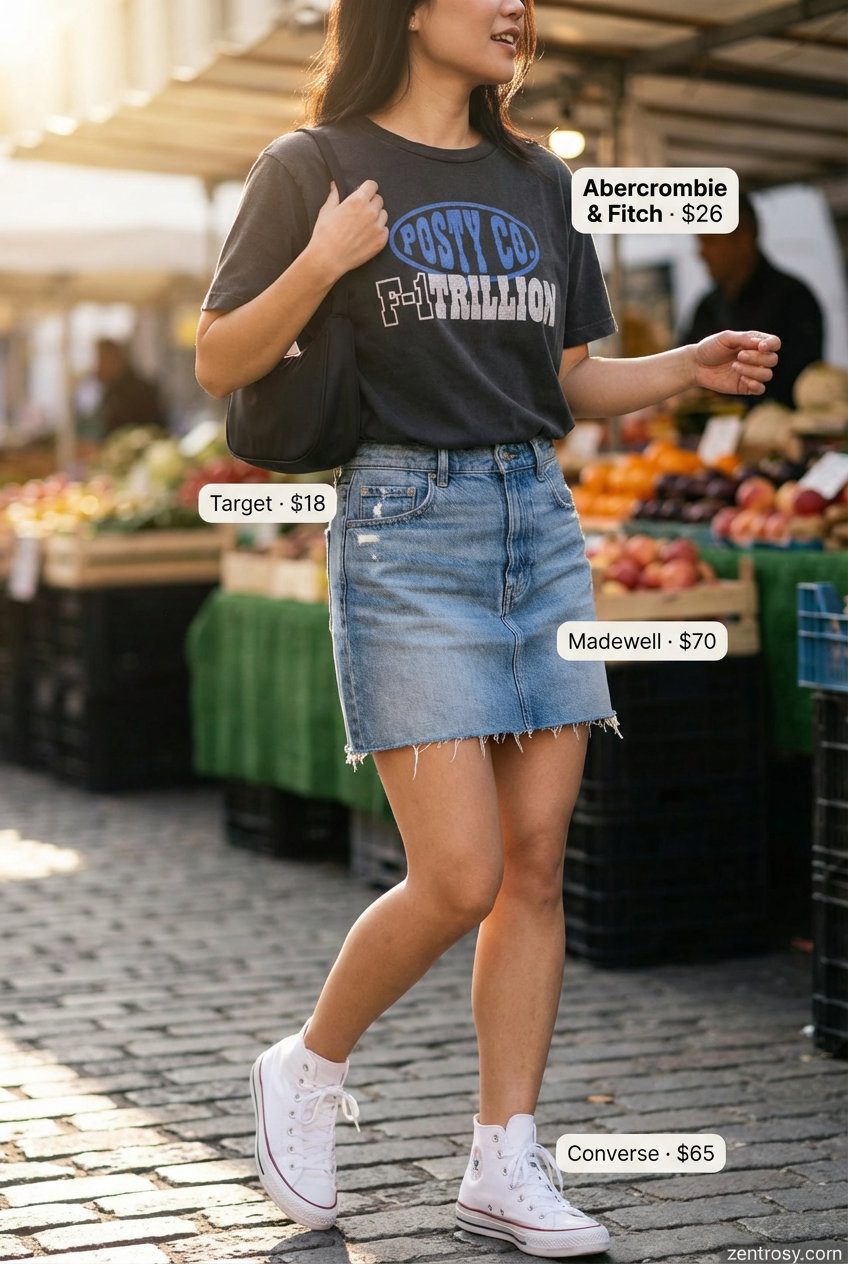 Effortless Denim Day Outfits 2026 Effortless A-line denim mini skirt with a raw hem, oversized graphic t-shirt, high-top sneakers, and a black crossbody bag as comfy casual summer outfits 2026.