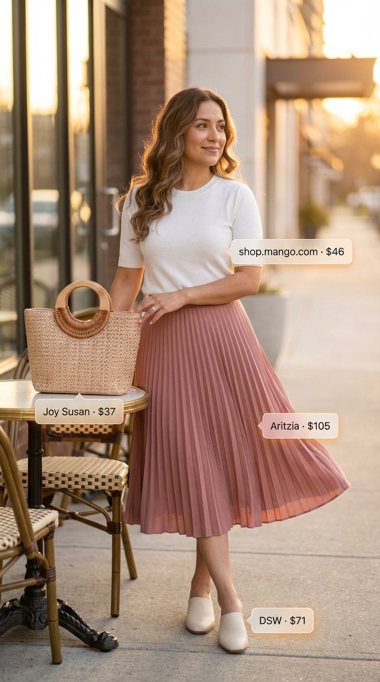Sophisticated Summer Skirt Outfits 2026 Polished dusty rose pleated midi skirt with a cream knit sweater, natural mules, and a structured top-handle bag, making sophisticated comfy casual summer outfits 2026.