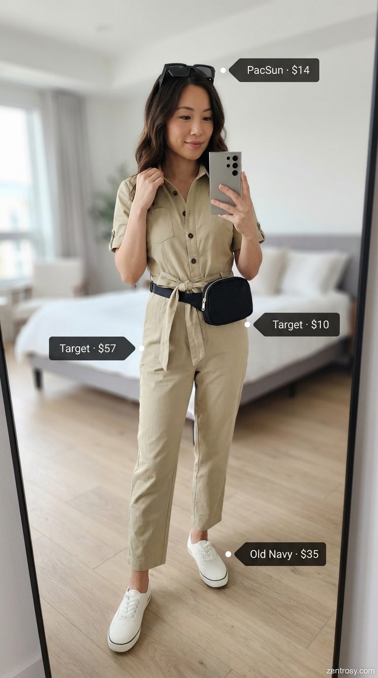 Effortless Khaki Jumpsuit for Comfy Casual Summer Outfits 2026 A woman wears a khaki jumpsuit, white sneakers, and belt bag for comfy casual summer outfits 2026. This modern utility outfit is perfect for travel or errands.
