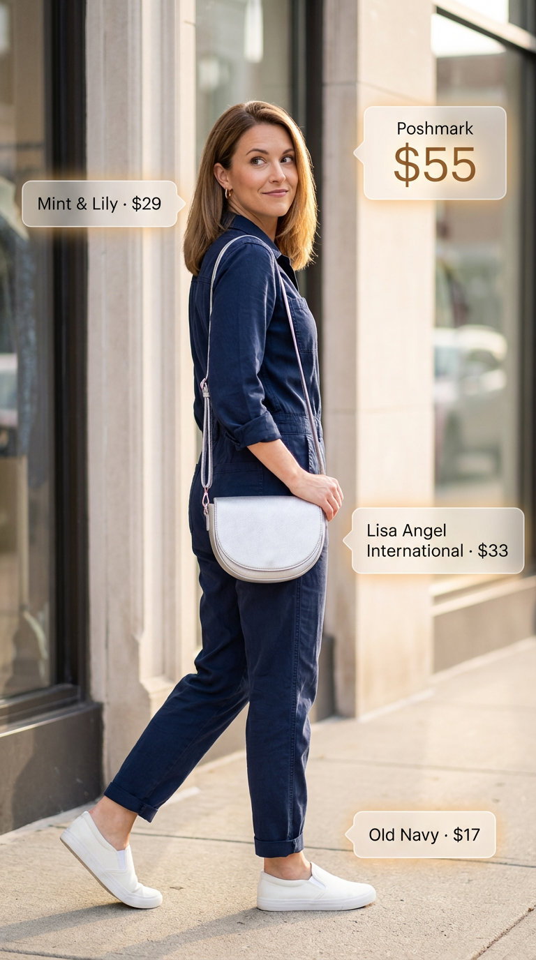 Cool & Collected Jumpsuit: Comfy Casual Summer Outfits 2026 A navy blue tencel blend utility jumpsuit with white canvas slip-on sneakers and silver accessories. A stylish option for comfy casual summer outfits 2026.