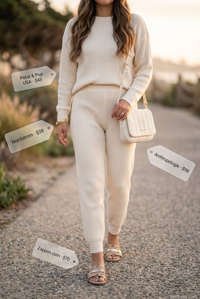 Cozy Coastal Evening Comfy Set 2026 Cozy Coastal Evening comfy casual summer outfits 2026 with a cream ribbed knit set, beige flat sandals, and a small woven shoulder bag for a relaxed dinner.