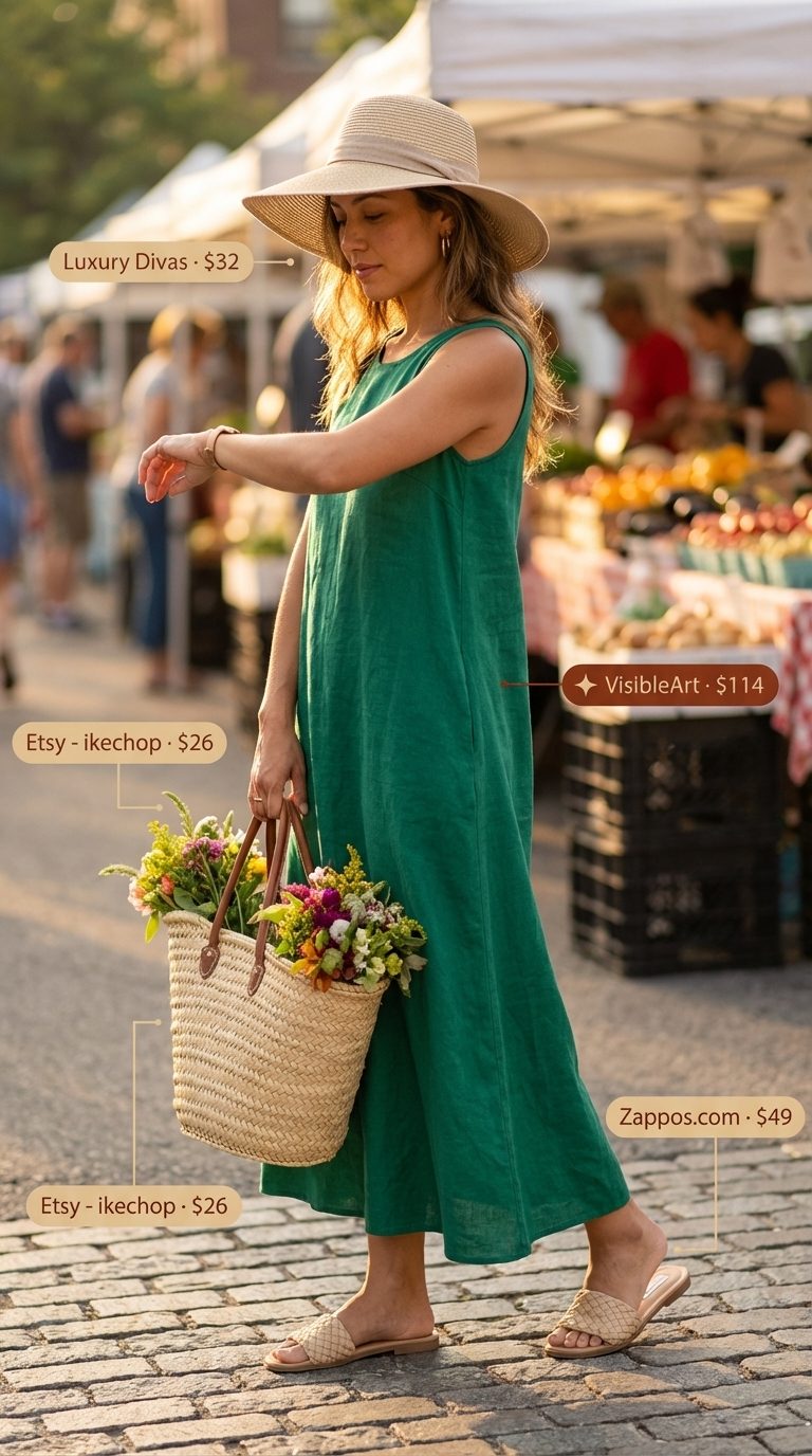 Linen Love Affair Summer Dress 2026 Relaxed emerald green linen maxi dress with raffia sandals and straw tote, a perfect comfy casual summer outfits 2026 for beach vacations.