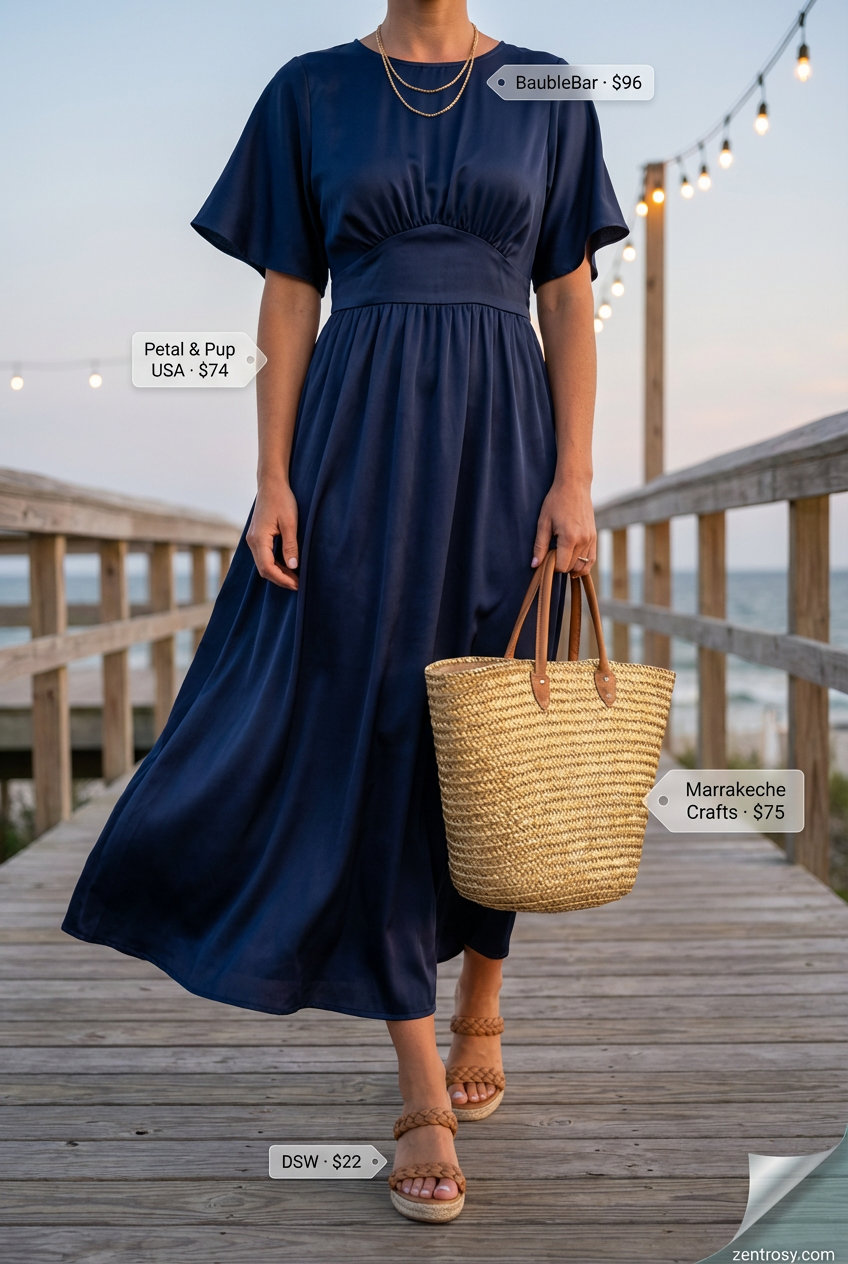 Effortless Riviera Chic Summer 2026 Elegant navy blue tiered maxi dress, tan espadrille wedges, a straw tote, and layered gold necklaces for comfy casual summer outfits 2026 at a resort.