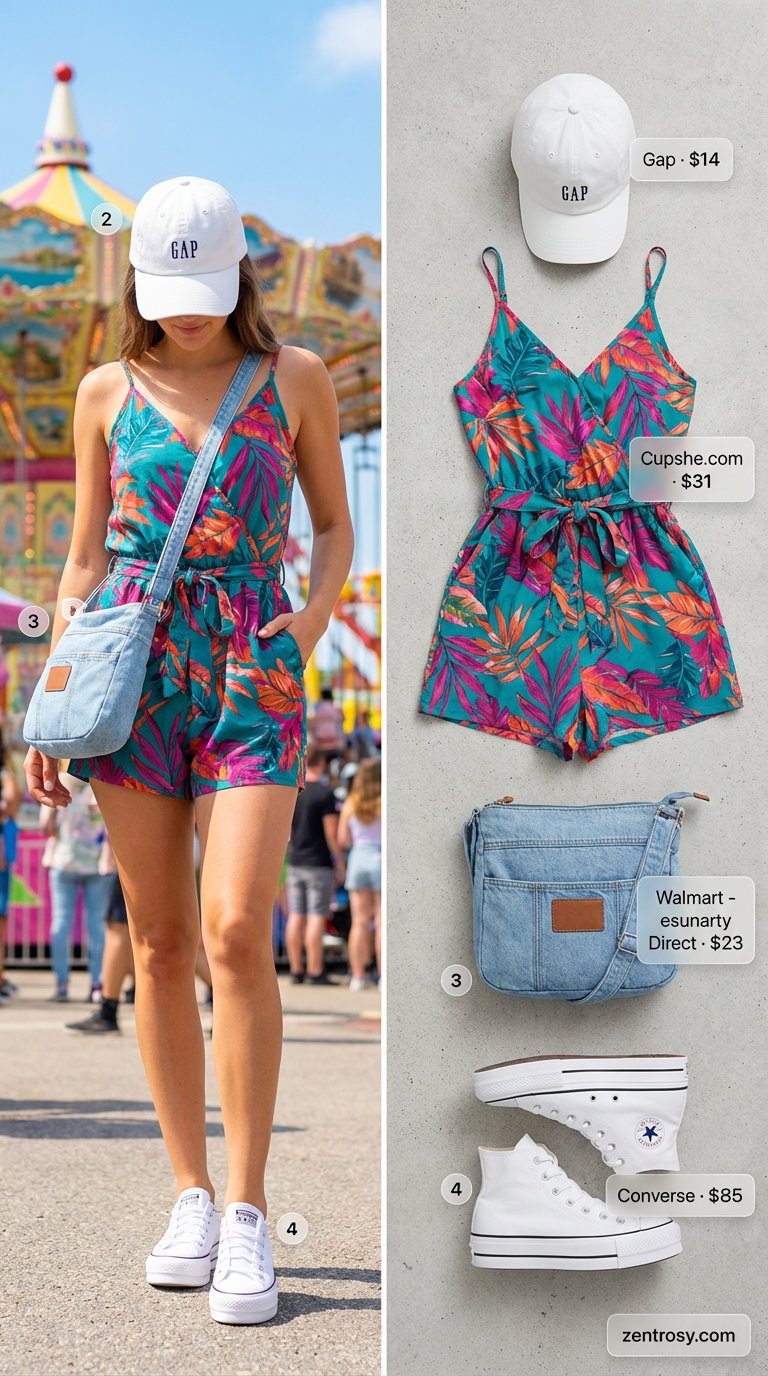 Playful Romper Style: Comfy Casual Summer Outfits 2026 A playful coral abstract print romper with platform sneakers, a denim crossbody bag, and a white baseball cap for comfy casual summer outfits 2026.