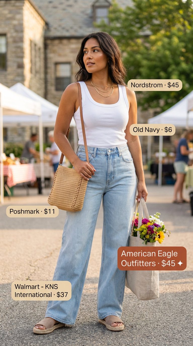 Weekend Wanderer: Comfy Casual Summer Outfits 2026 A woman wearing high-waisted wide-leg jeans, a white scoop neck tank, espadrille sandals, and a straw crossbody bag for comfy casual summer outfits 2026.