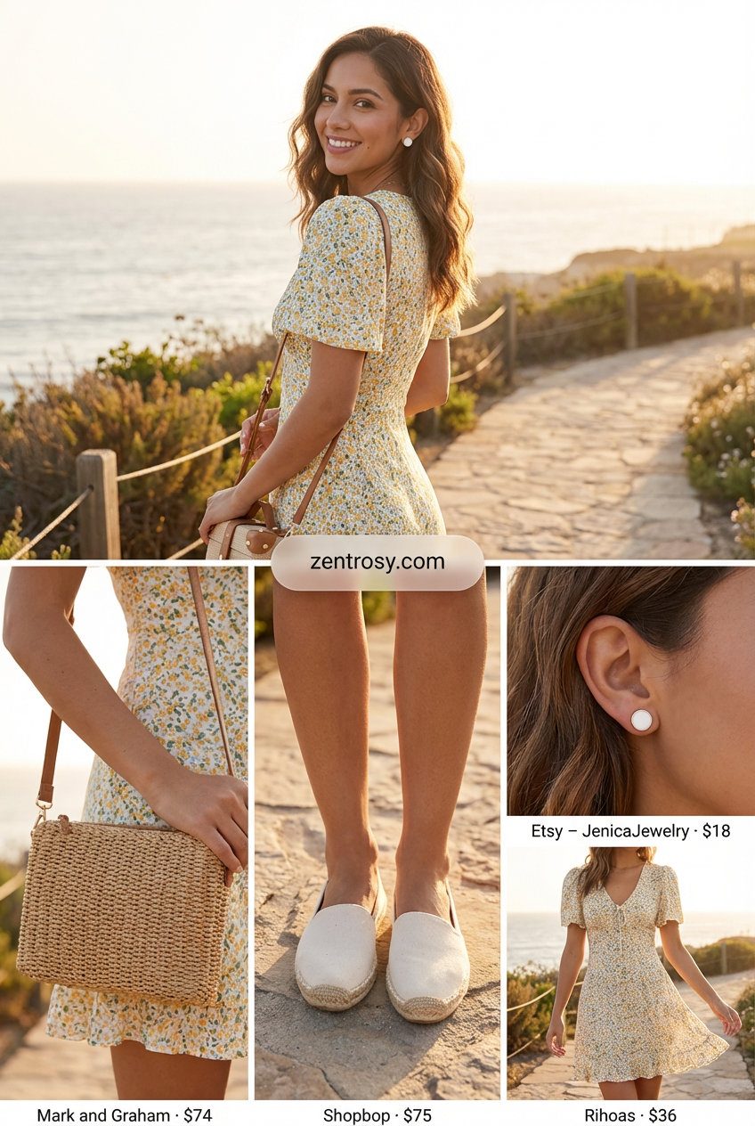 Sunny Day Chic: Comfy Casual Summer Outfits 2026 A vibrant yellow floral mini dress with puff sleeves, white espadrille flats, and a raffia crossbody bag, making comfy casual summer outfits 2026 cheerful.