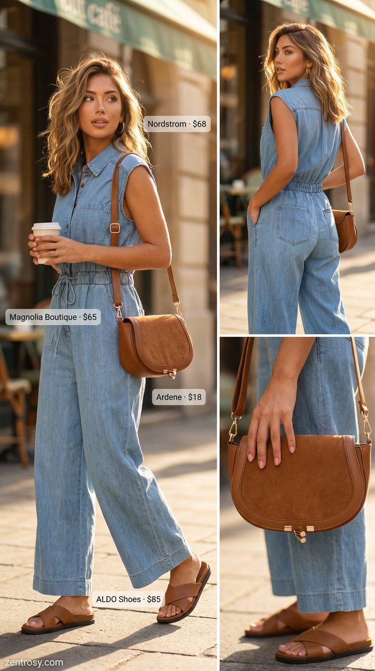 Cool & Collected Comfy Casual Summer Jumpsuit 2026 An effortless comfy casual summer outfit showcasing a light denim wide-leg jumpsuit, paired with cognac sandals and a saddle bag, ideal for a casual Friday.