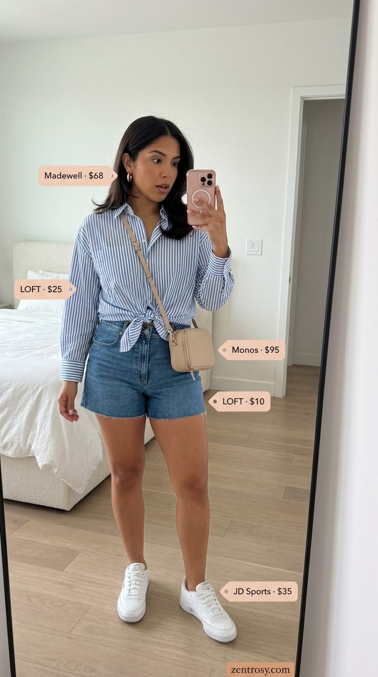 City Chic Comfy Casual Summer Outfit 2026 A chic city comfy casual summer outfit featuring light wash denim tailored shorts, a navy striped button-down shirt, white leather sneakers, and a white crossbody bag for everyday errands.