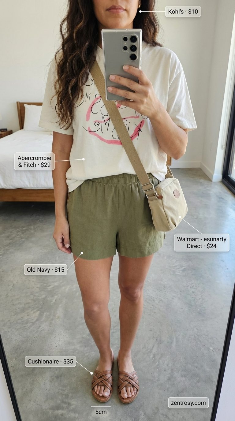 Weekend Wanderer Comfy Casual Summer Look 2026 A relaxed comfy casual summer outfit for a weekend wanderer featuring an off-white graphic tee, olive green linen blend shorts, tan slide sandals, and a canvas crossbody bag.
