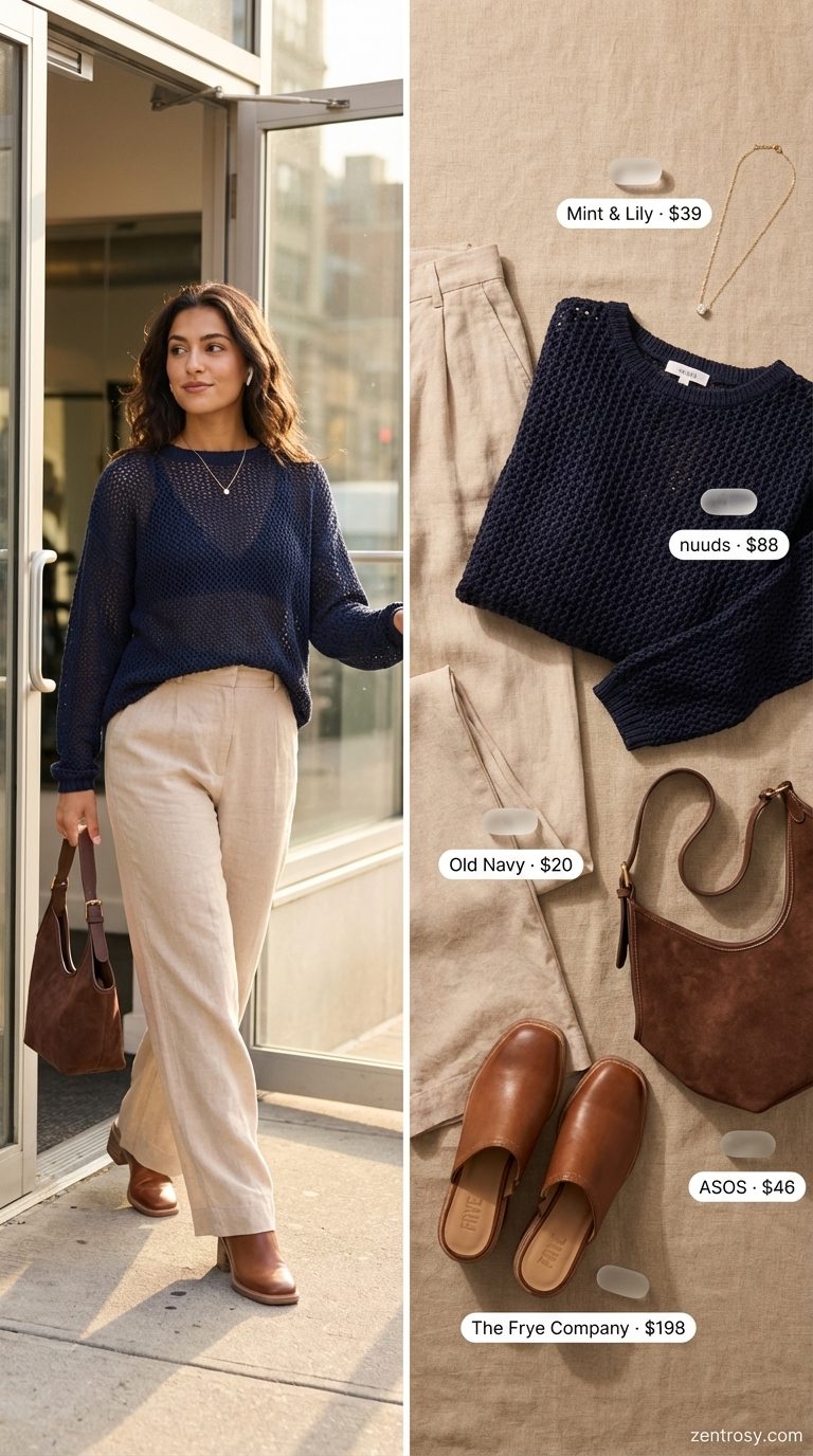Cozy Evening Comfy Casual Summer Style 2026 A cozy chic comfy casual summer outfit for a cool evening, featuring a lightweight navy knit sweater, beige wide-leg linen trousers, cognac mules, and a brown shoulder bag.