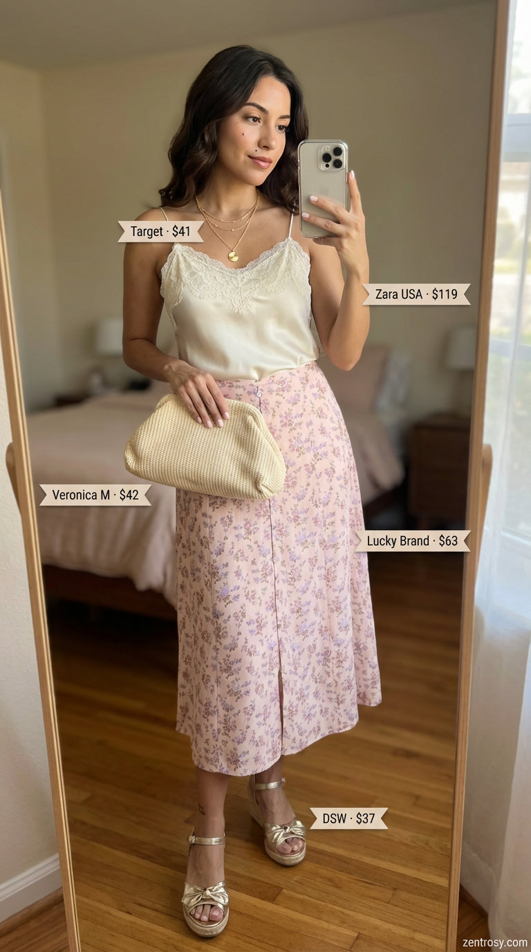 Garden Party Comfy Casual Summer Glam 2026 An elegant comfy casual summer outfit for a garden party, featuring a soft pink floral midi skirt, cream lace-trim camisole, metallic gold espadrille wedges, and a woven clutch.