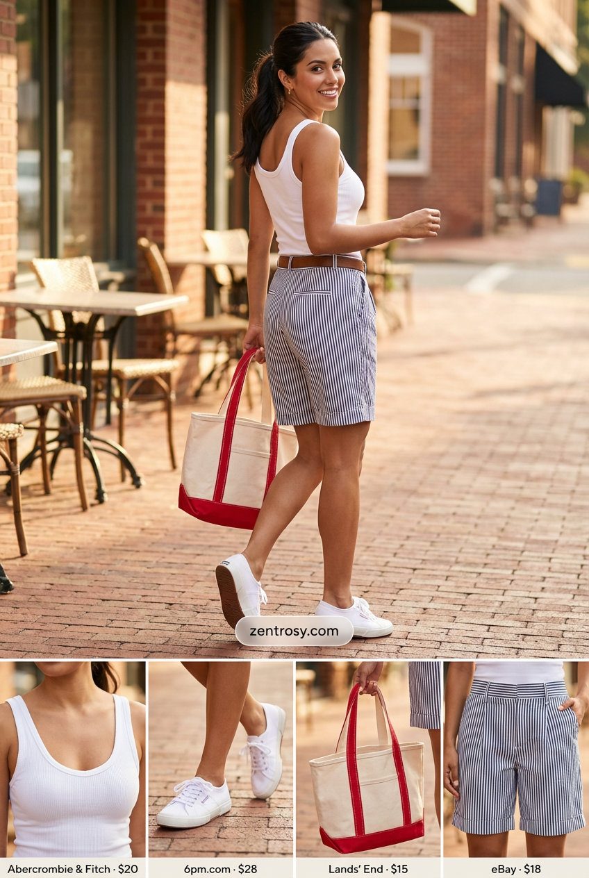 Playful Preppy Comfy Casual Summer Shorts 2026 A playful preppy comfy casual summer outfit featuring navy striped Bermuda shorts, a white ribbed tank top, red tote bag, and white canvas sneakers for a day trip.