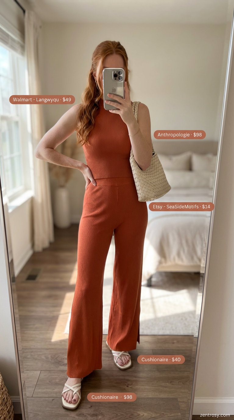Chic Comfy Casual Summer Co-ord Set 2026 A chic comfy casual summer co-ord in terracotta ribbed knit with a sleeveless tank top and wide-leg pants, styled with cream sandals and a gold bracelet for travel.
