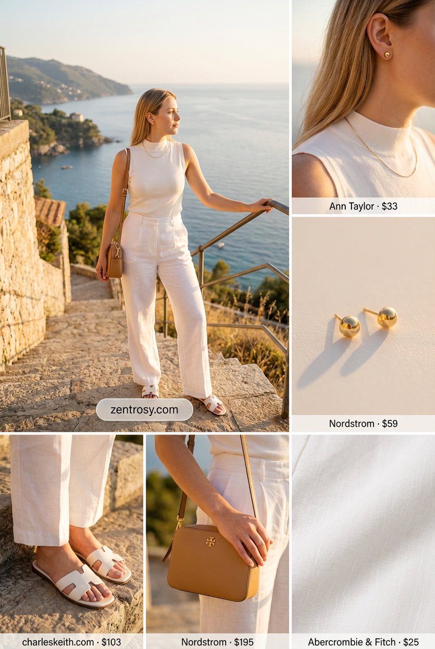 Monochrome Magic Comfy Casual Summer Pants 2026 A sophisticated monochrome comfy casual summer outfit with crisp white linen wide-leg pants, an off-white knit top, and beige details, ideal for a resort lunch.