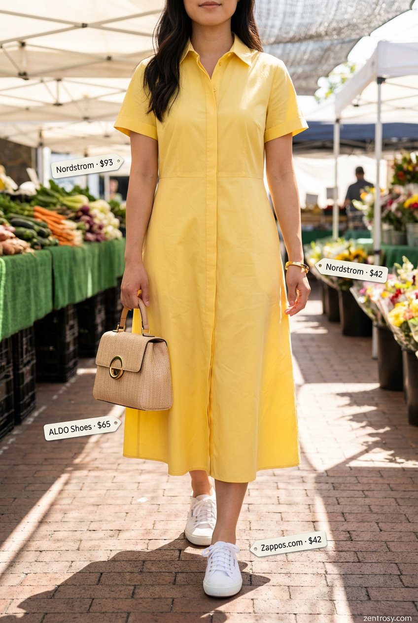 Sunny Shirtdress Comfy Casual Summer Look 2026 A cheerful comfy casual summer outfit featuring a sunny yellow cotton poplin shirtdress, white canvas sneakers, a natural woven tote, and a simple gold bangle, perfect for a weekend getaway.