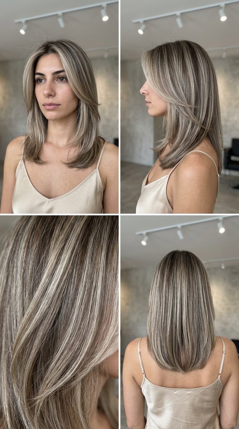 Cool Ash Dimension Balayage 2026 long ash blonde with cool brown lowlights, balayage, no fringe — sophisticated everyday chic