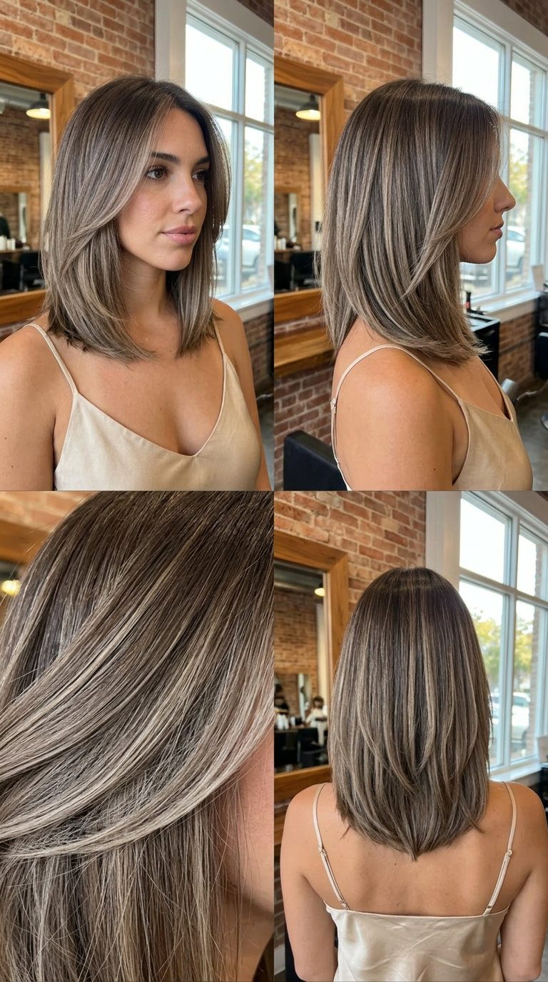shoulder-length ash brown balayage lob with graduated layers and face-framing for chic