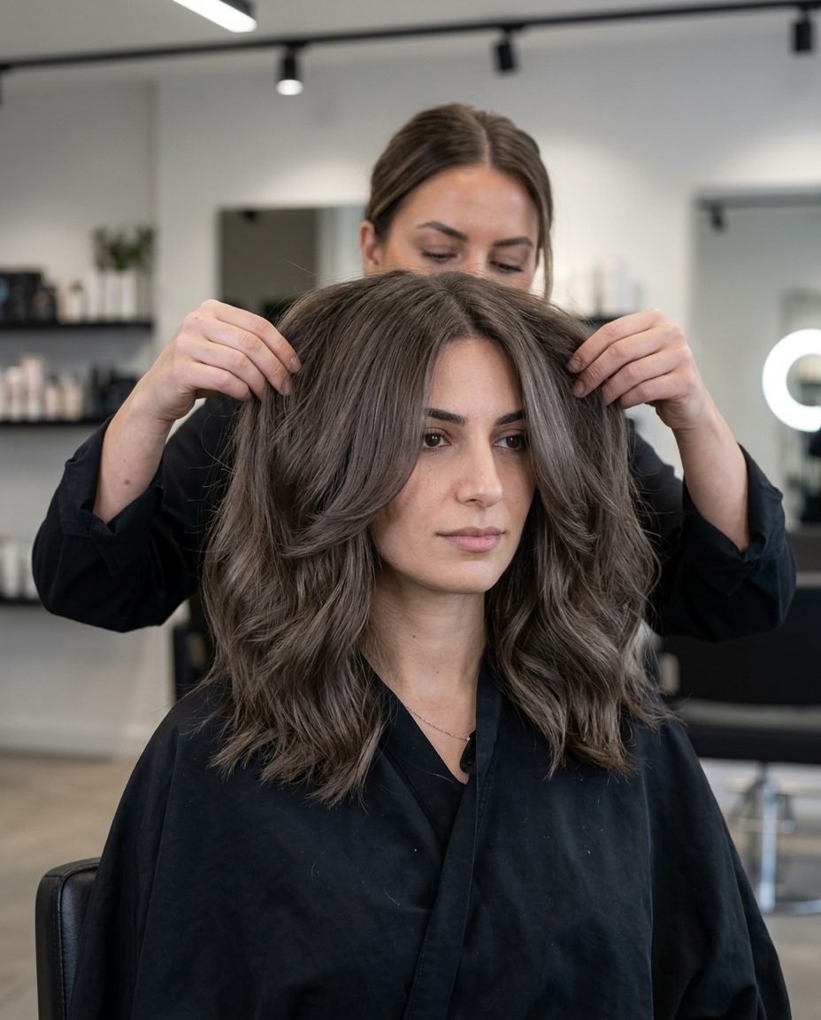 Cool Brown Kitty Cut 2026 medium wavy kitty cut with cool ash brown, smoky undertones, chin-length face-framing — romantic sophisticated date night