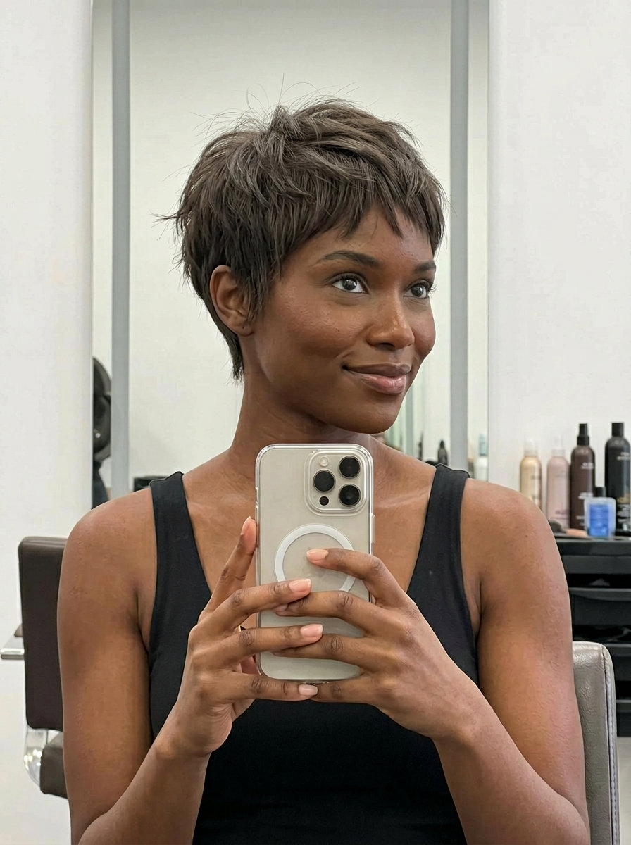 short textured ash brown crop with razored finish and wispy fringe for edgy