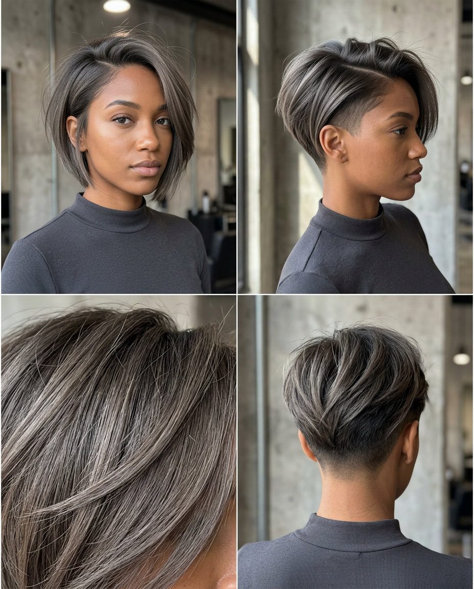 short cool ash brown with grey undertones, asymmetrical undercut & swept-over textured top