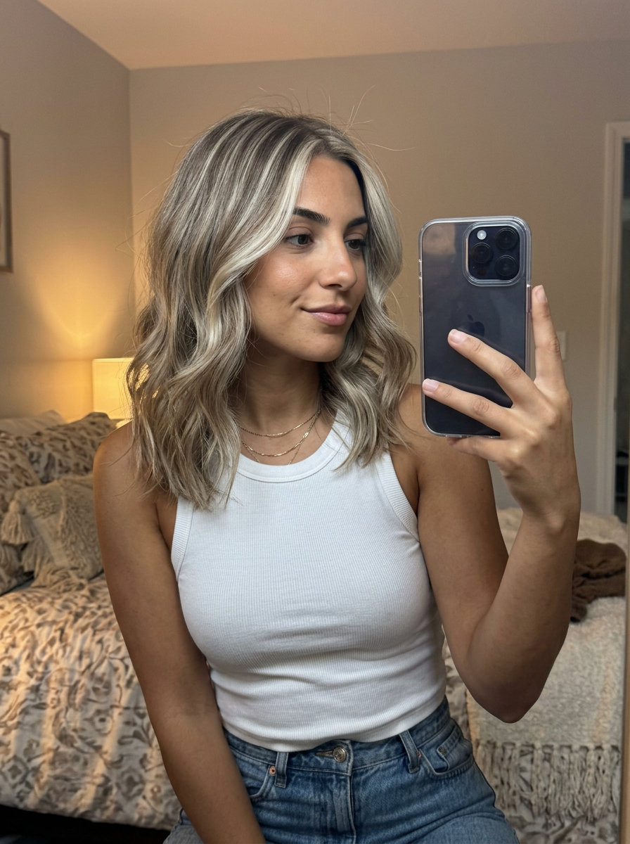 Modern Cool Ash Blonde Face-Framing short ash blonde hair color with cool ash blonde and violet undertones, face-framing highlights, no fringe — modern