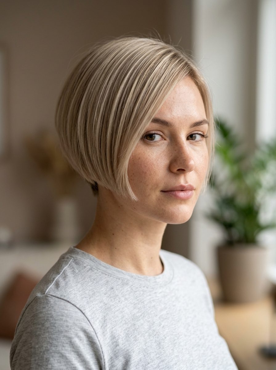 Urban Chic Beige Pixie Haircut 2026 very short pixie haircut with cool beige blonde, ash-platinum undertones, blunt micro-fringe — professional, chic, minimalist