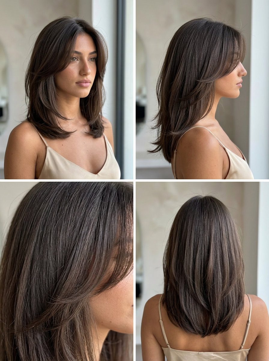 medium layered butterfly haircut in cool cocoa brunette with ash undertones, seamless internal layers — sophisticated professional