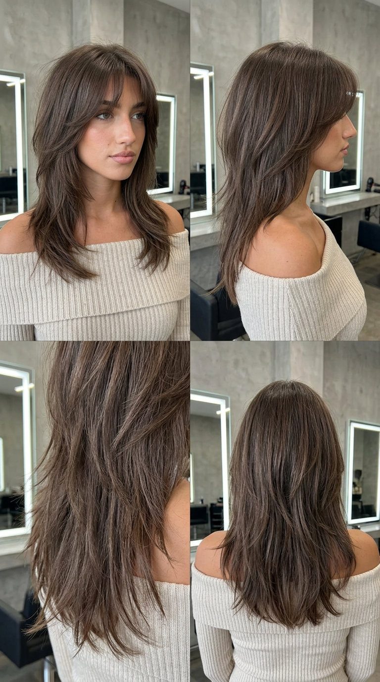 medium butterfly haircut in cool cocoa brown, shag layers, bottleneck bangs — edgy textured look