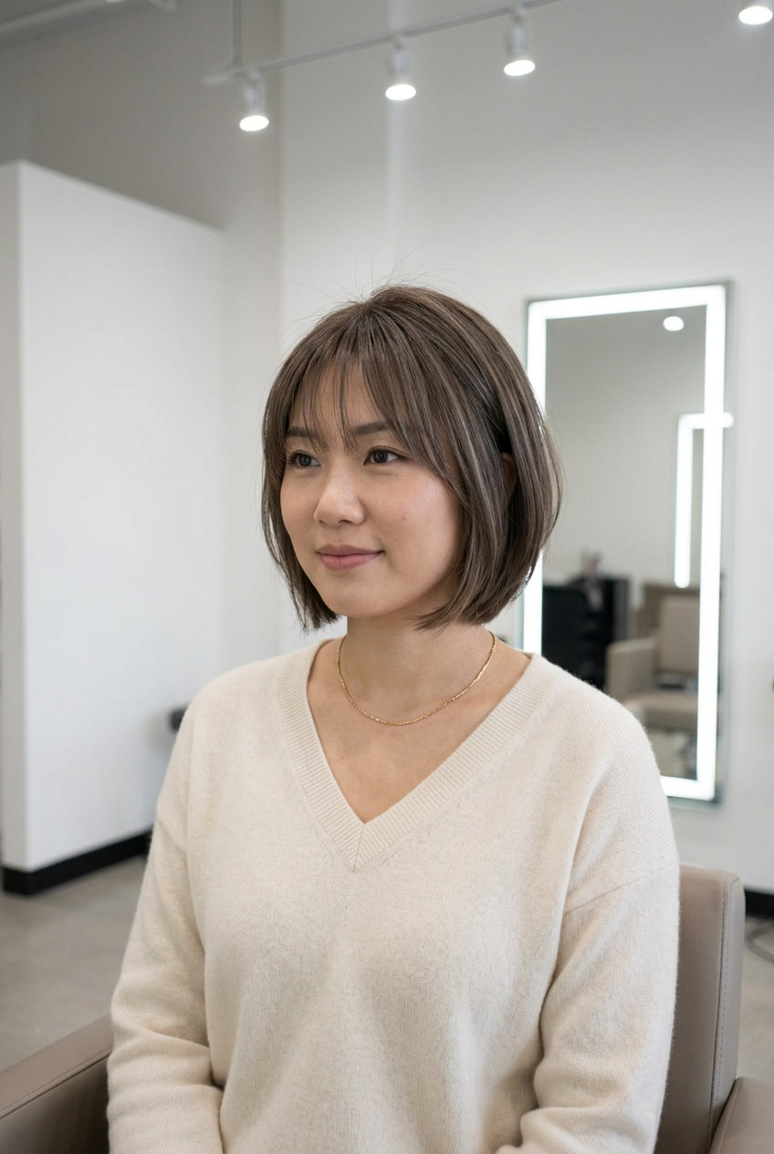 Parisian Summer Crop 2026 chin-length short haircut with cool linen brown, ash babylights, wispy bangs — minimalist chic