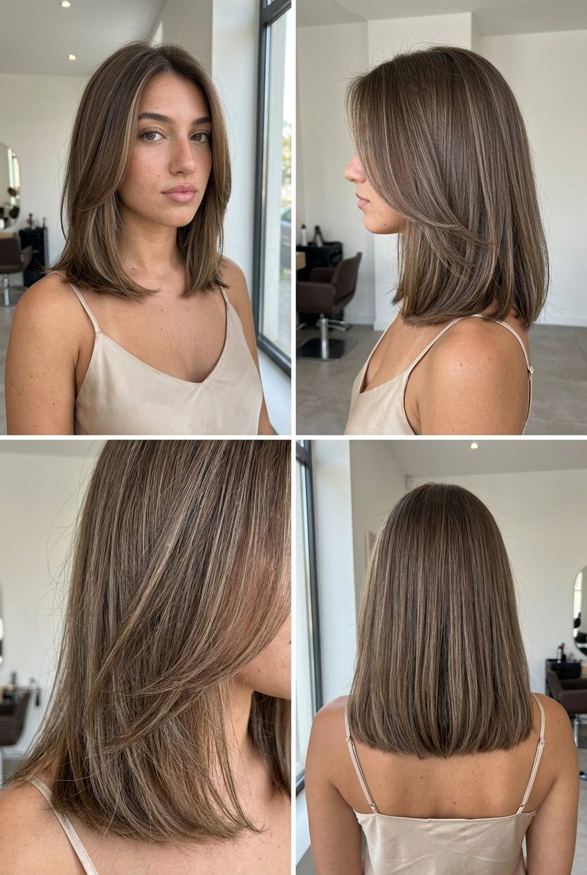 Effortless Linen Lob 2026 shoulder-length lob haircut with cool linen brown, ash babylights, face-framing layers — effortless chic