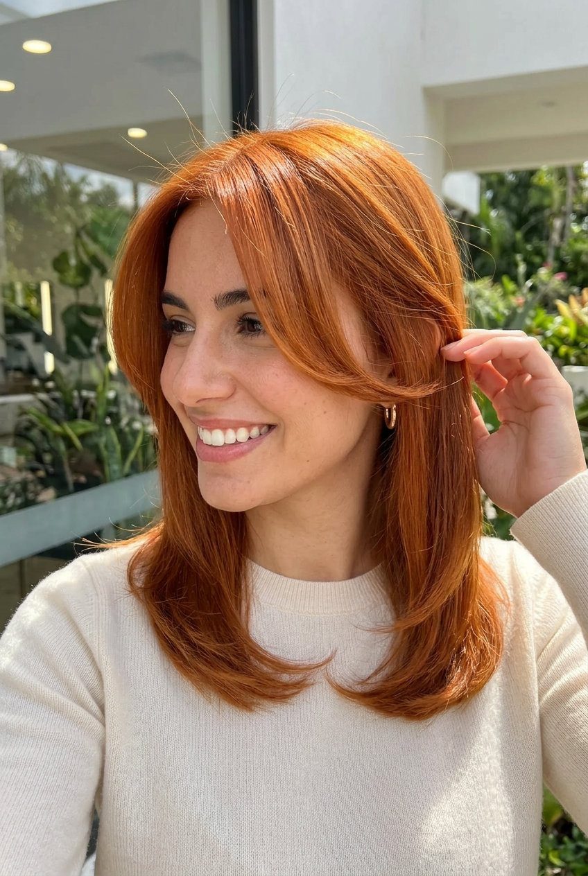 shoulder-length curve cut in vibrant copper-gold glaze with face-framing layers and blunt ends — playful retro style