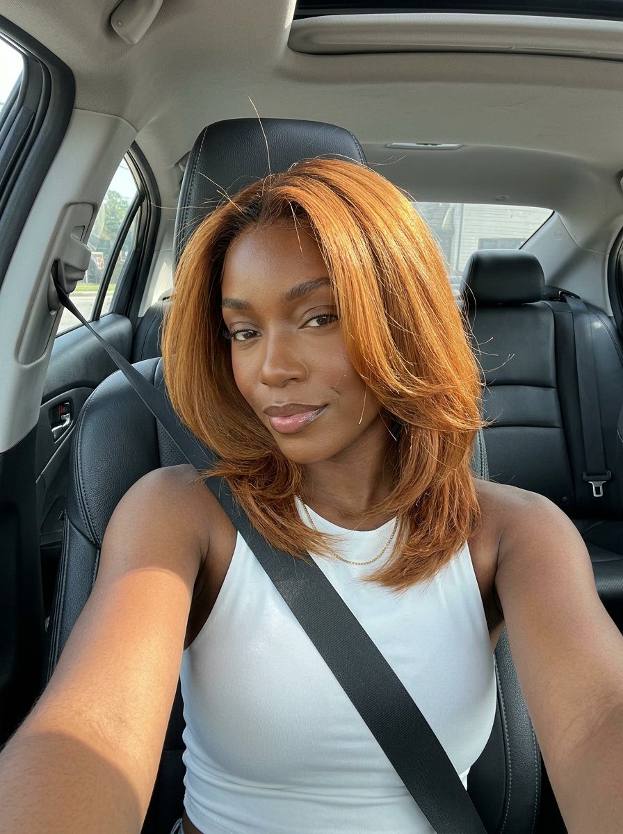 long layered auburn shadow root with copper-gold tones, face-framing pieces for modern chic