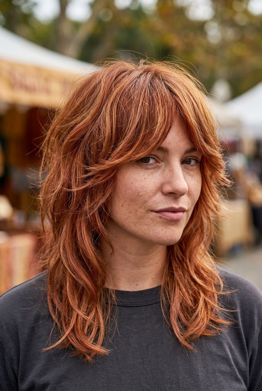 medium-long wavy shag haircut in copper with rose gold accents and feathered fringe