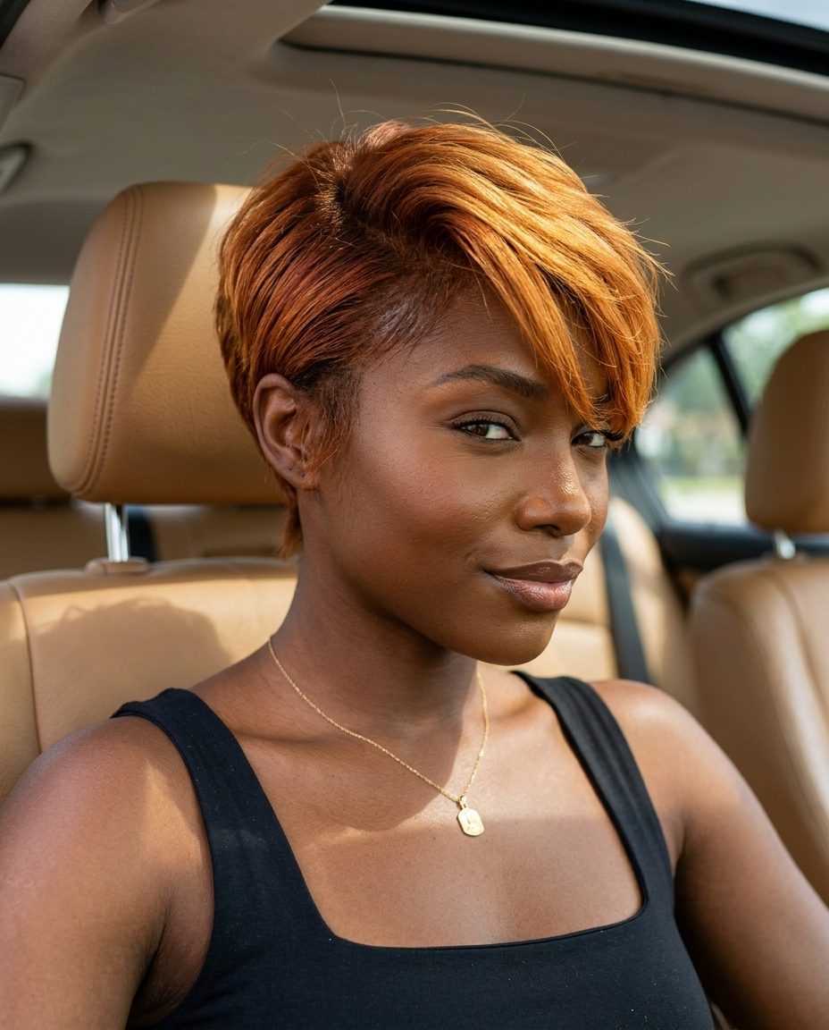 Sunset Copper Ombré Pixie 2026 very short pixie haircut with copper ombré, tapered sides, swept fringe — vibrant bohemian festival