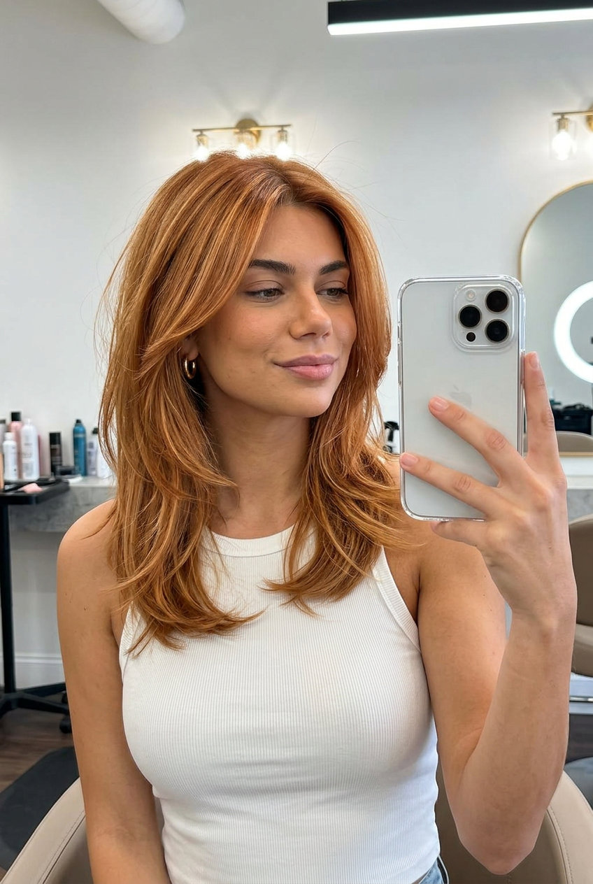 Copper Penny Blonde Hair Color 2026 long golden blonde with copper penny glaze, babylights, for summer hair color ideas 2026
