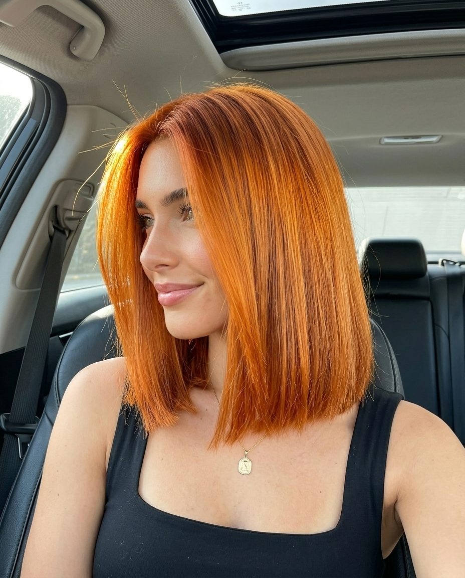 Copper Red Blunt Lob: Fiery & Bold 2026 medium lob haircut in vibrant copper red with orange-gold undertones and blunt perimeter for edgy nights