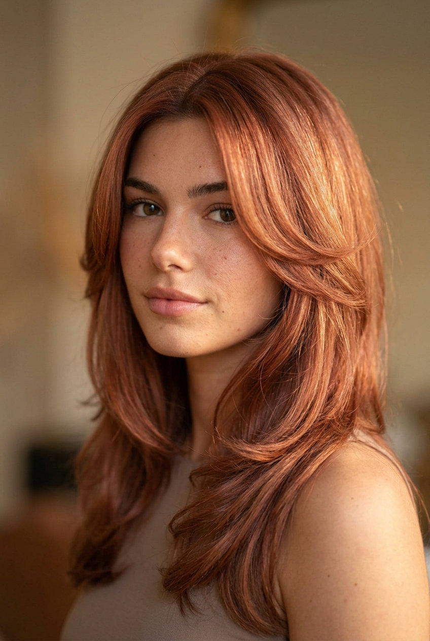 medium layered butterfly haircut in copper rose with golden babylights, C-shaped layers — romantic vintage glam