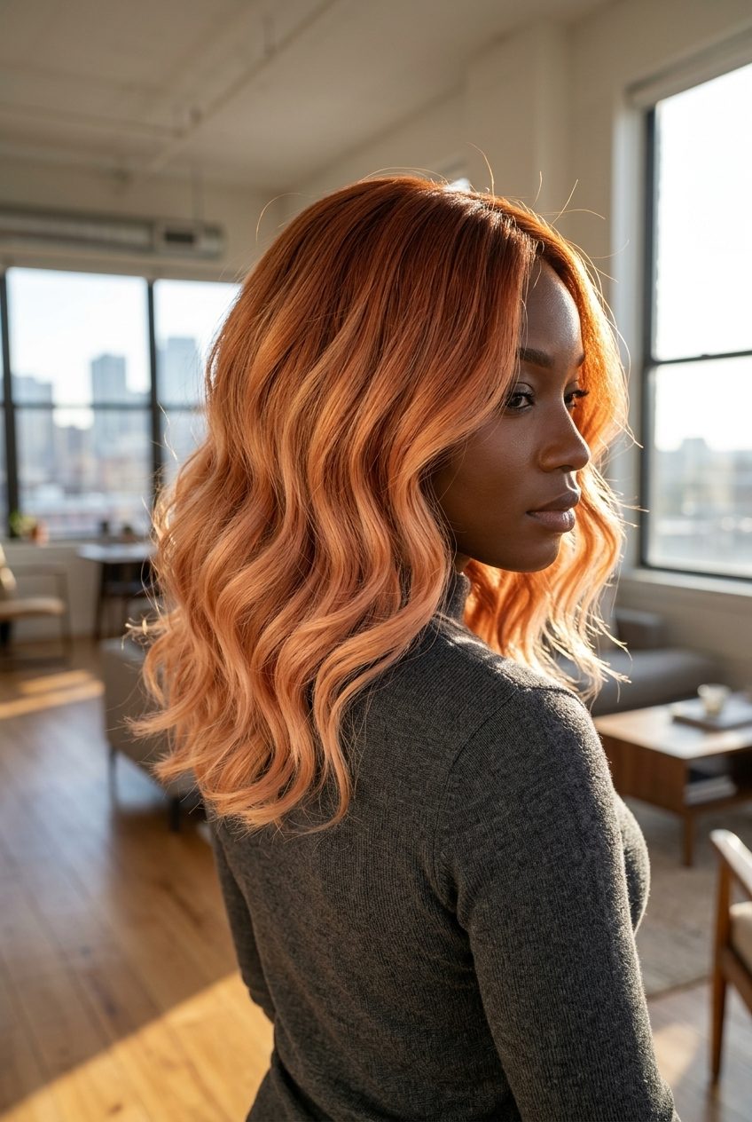 long strawberry blonde hair color melt with copper-strawberry-peach tones, custom melt technique, no fringe — festival ready