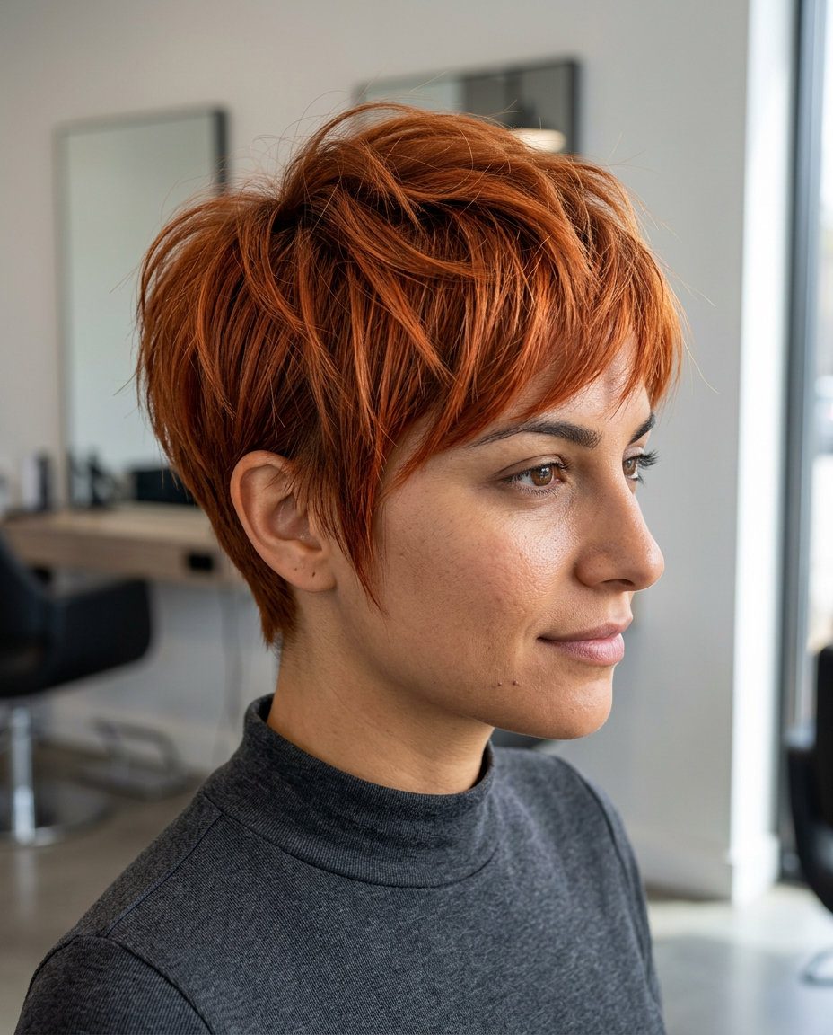 short razored pixie copper with terracotta tones, piecey layers, bold style for festival