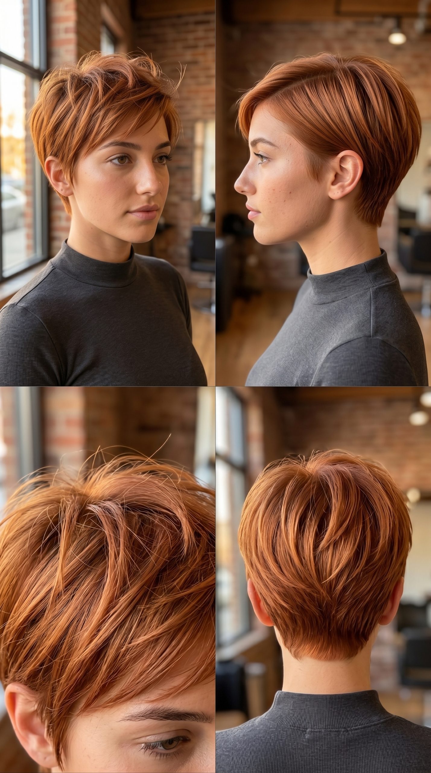 very short pixie haircut in copper with textured layers, tapered sides — bold energetic getaway