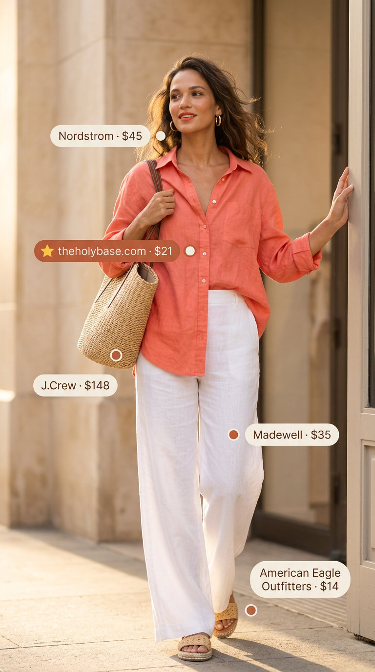 Mediterranean Linen Set 2026 Vibrant coral linen button-down shirt and wide leg pants for vacation dinner in 2026.