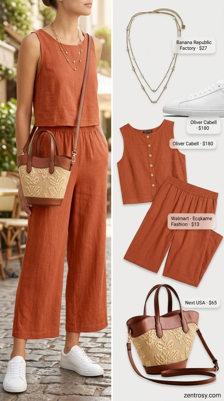 Effortless Linen Set 2026 Coral linen wide-leg pants and cropped tank set with white sneakers and raffia crossbody bag for brunch.