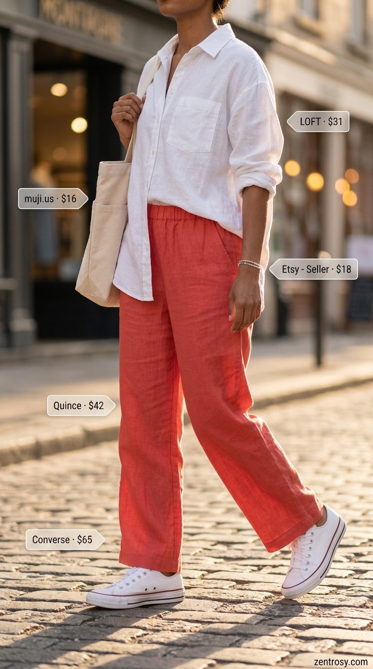 Casual Linen Shorts Outfit 2026 Coral linen shorts with an oversized white linen shirt, beaded bracelets, and white sneakers for casual summer.