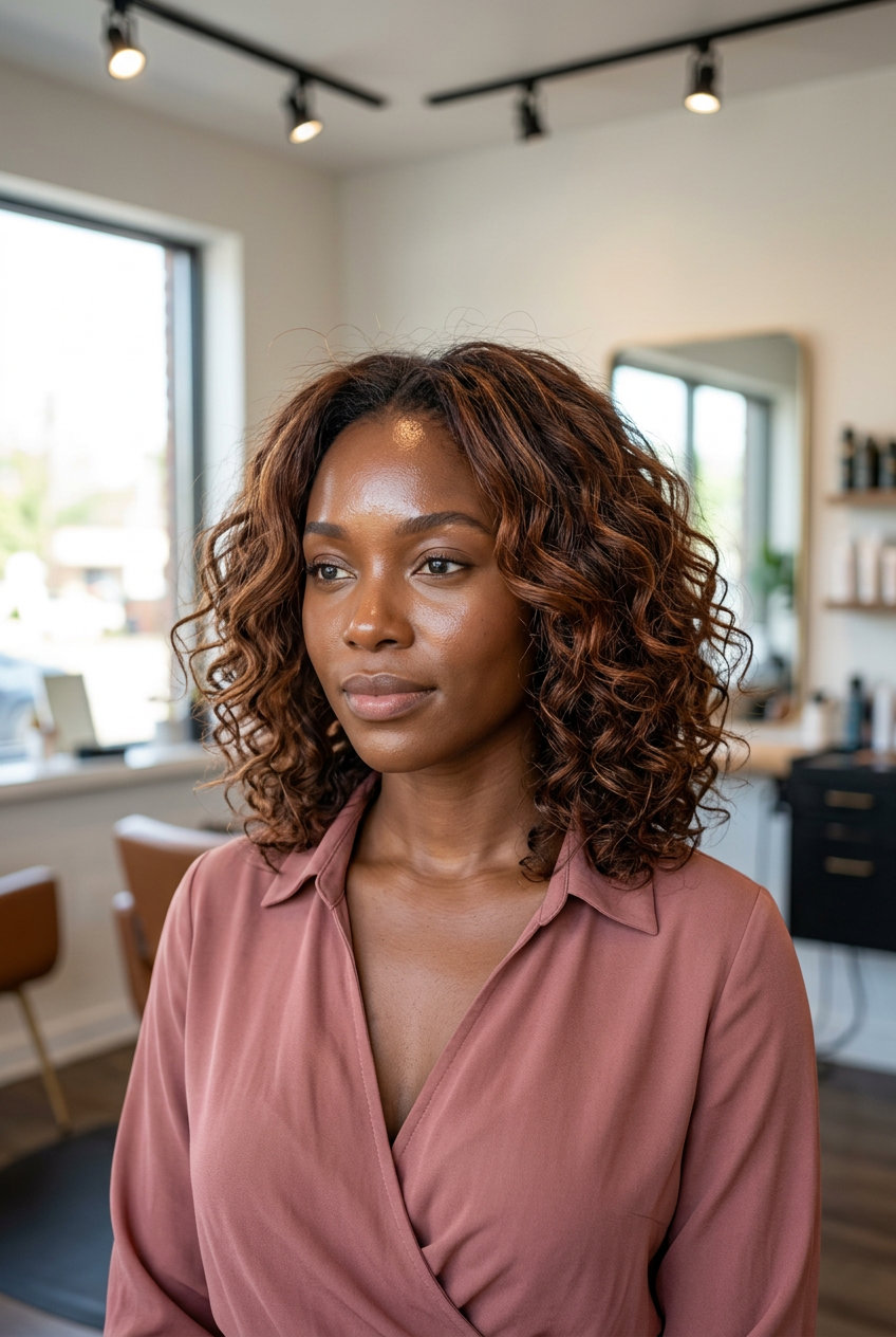 long layered auburn hair with cinnamon-burnt orange highlights, no fringe, earthy brown base — soft casual brunch