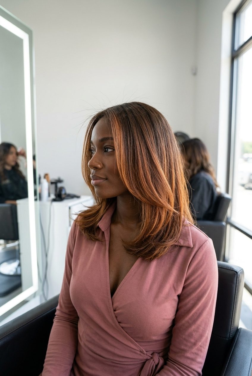long layered auburn hair with cinnamon-copper balayage, no fringe, earthy brown base — effortless weekend