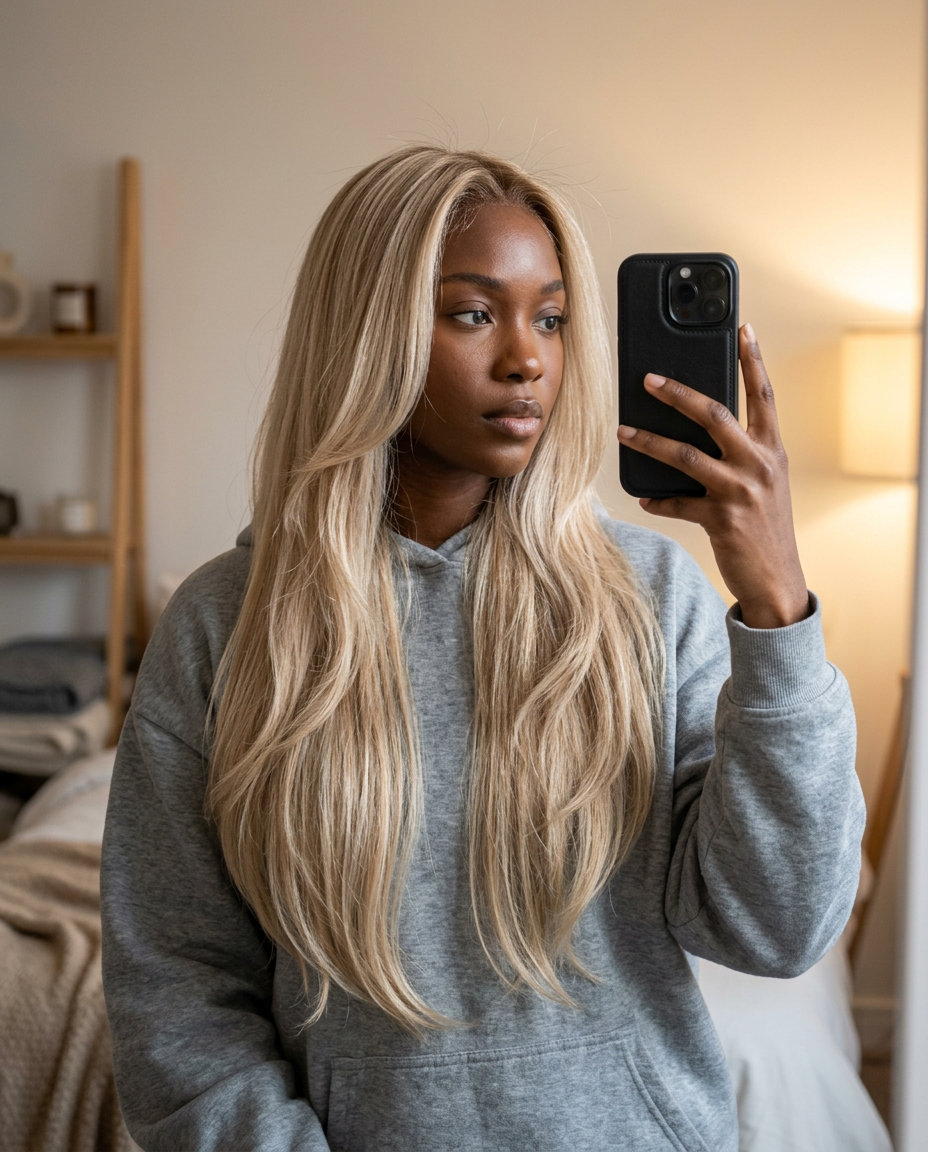 long layered haircut with creamy beige blonde balayage and soft root melt for romance