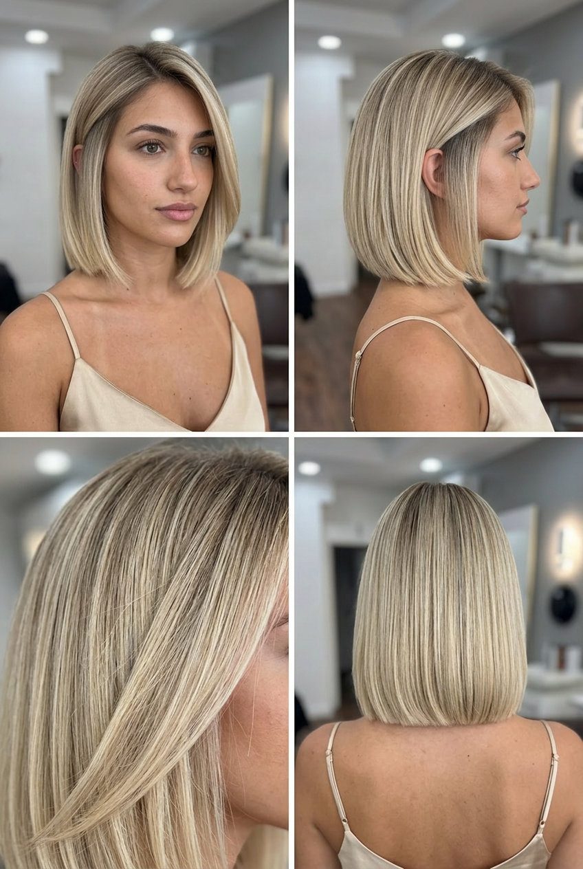 chin-length blunt bob with creamy neutral blonde and dark blonde root smudge for summer 2026