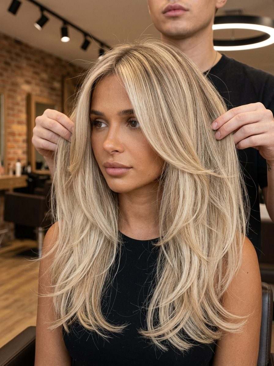 long flowing hair with creamy blonde balayage and sandy beige root for summer 2026
