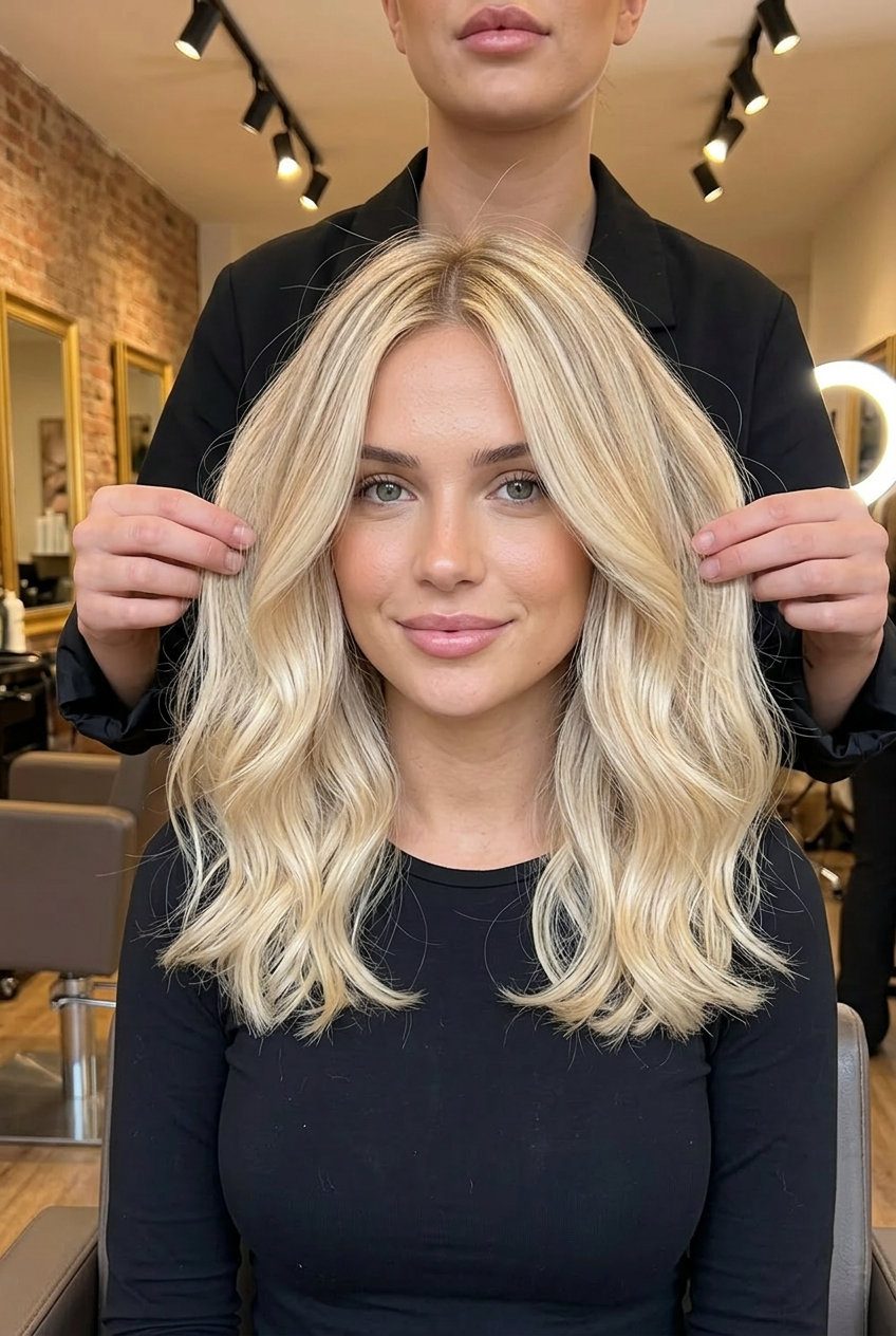 Butter Blonde Air Touch Balayage 2026 long layered air touch balayage with creamy butter blonde, pale yellow-gold, natural beige root, no fringe — effortless brunch look