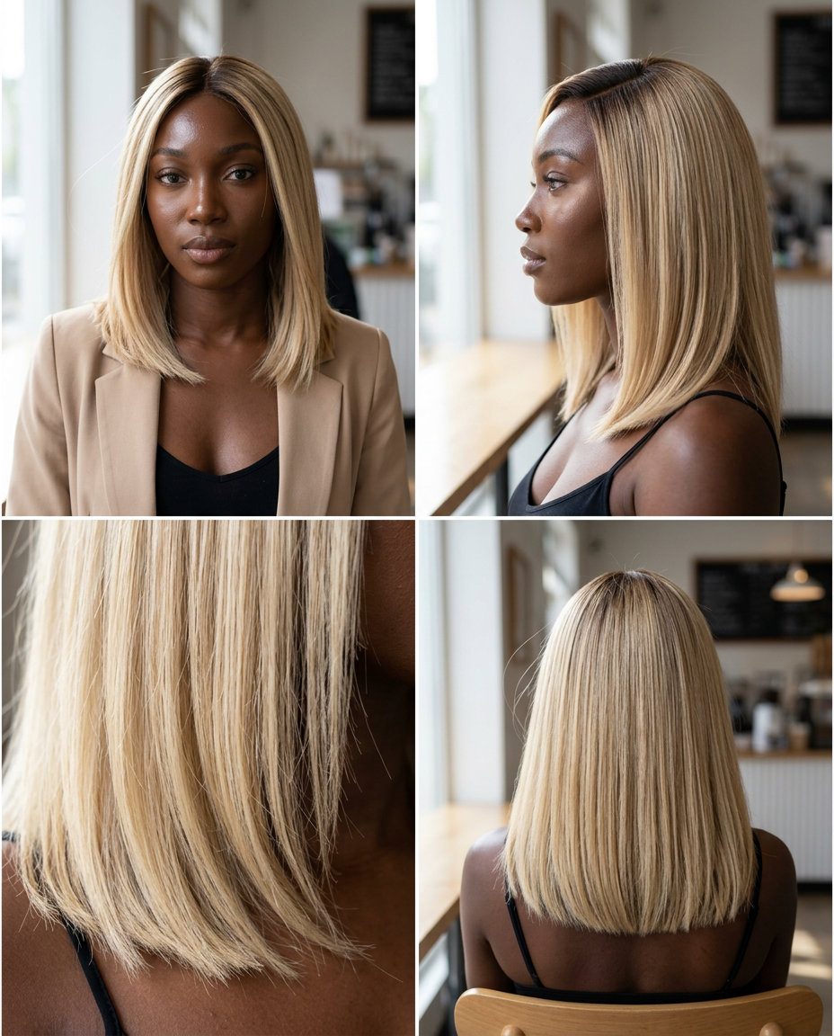 Crème Brulée Blonde Lob: Modern Summer Style collarbone-length creme brulee blonde lob haircut with dark brown root and blunt ends for summer
